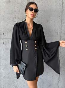 SHEIN Privé Plunging Neck Button Detail Flounce Sleeve Dress - Black - View 1