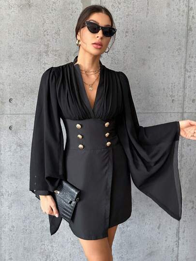 SHEIN Privé Plunging Neck Button Detail Flounce Sleeve Dress