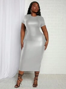 Slaydiva Plus Solid PU Leather Bodycon Dress - Silver - View 3