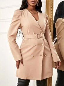 SHEIN Clasi 泡泡袖雙排釦腰帶外套 - 杏色 - 查看 3