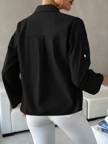 Chiquease Chất rắn Cuộn lên tay áo Nút phía trước Áo sơ mi - màu đen - Xem 2