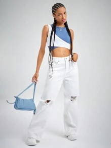 SHEIN Unity 双色镂空短款背心图案 T 恤女式上衣 - 藍白色 - 查看 6