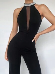 Maija Contrast Mesh Halter Neck Flare Leg Jumpsuit - Black - View 1