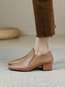 女士尖头中跟办公室高跟鞋，休闲一脚蹬时尚粗跟工作鞋，春/秋 - 卡其色 - 查看 2