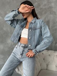 SHEIN Cottnline Drop Shoulder Crop Denim Jacket - Medium Wash - View 5