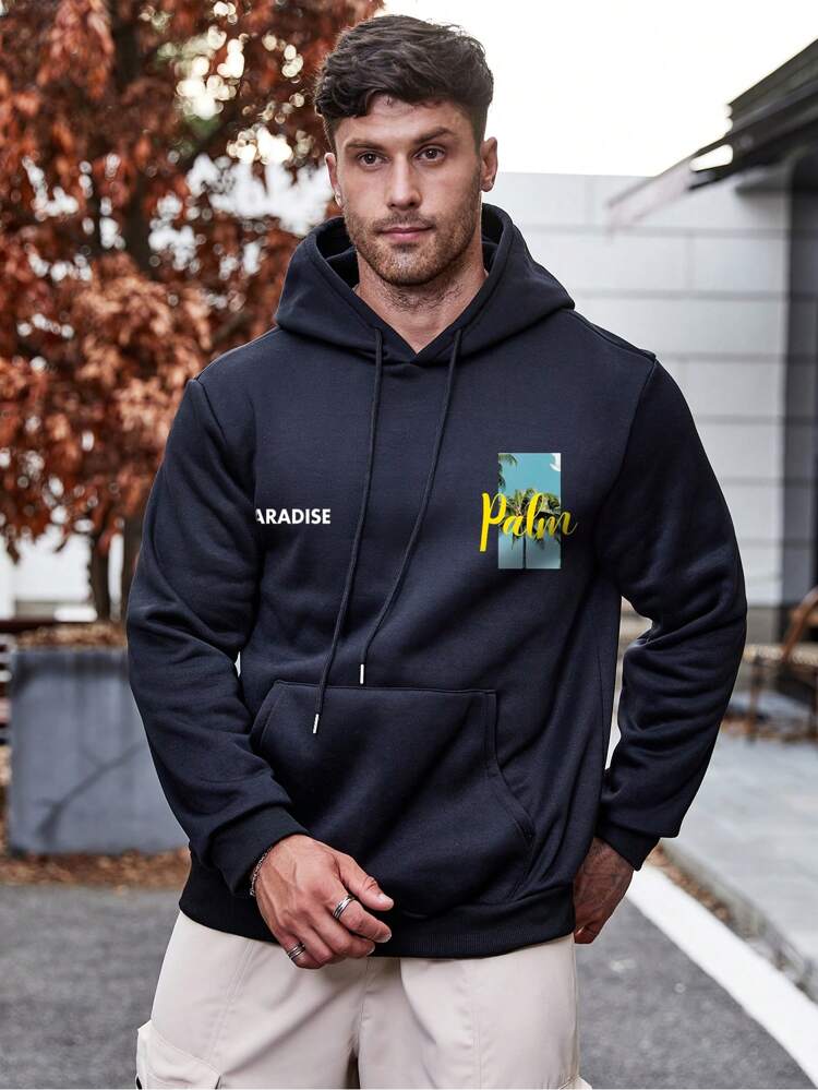 Men Plus Letter & Palm Tree Graphic Kangaroo Pocket Drawstring Hoodie