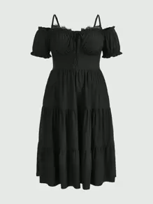 ROMWE Goth 女士大尺碼純色露肩細肩帶連身裙 - 黑色 - 查看 1