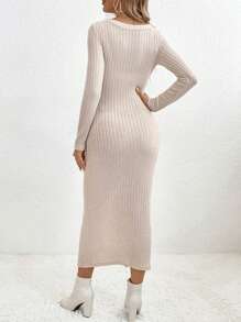 SHEIN Maternity Button Through Ribbed Knit Bodycon Dress - Apricot - View 2