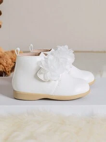 女童秋冬新款韓式英倫花卉時尚摩托車靴,甜美可愛的白色休閒踝靴 - 白色 - 查看 3