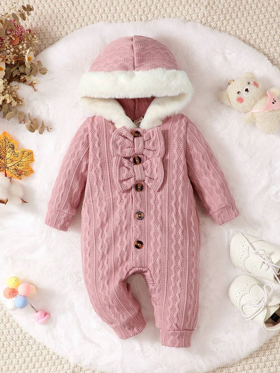 Baby Girl Button Front Hooded Bow Front Contrast Faux Shearling Trim Jumpsuit - Pink - View 1