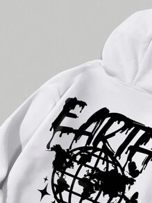 ROMWE MEN Street Life Men Slogan Graphic Drawstring Thermal Lined Hoodie - White - View 4