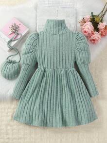 SHEIN 女小童高領羊腿袖洋裝附包 - 綠色 - 查看 2