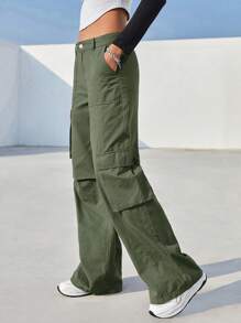 SHEIN EZwear Flap Pocket Cargo Pants - Army Green - View 3