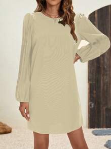 SHEIN Essnce 素色燈籠袖直筒洋裝 - 杏色 - 查看 1