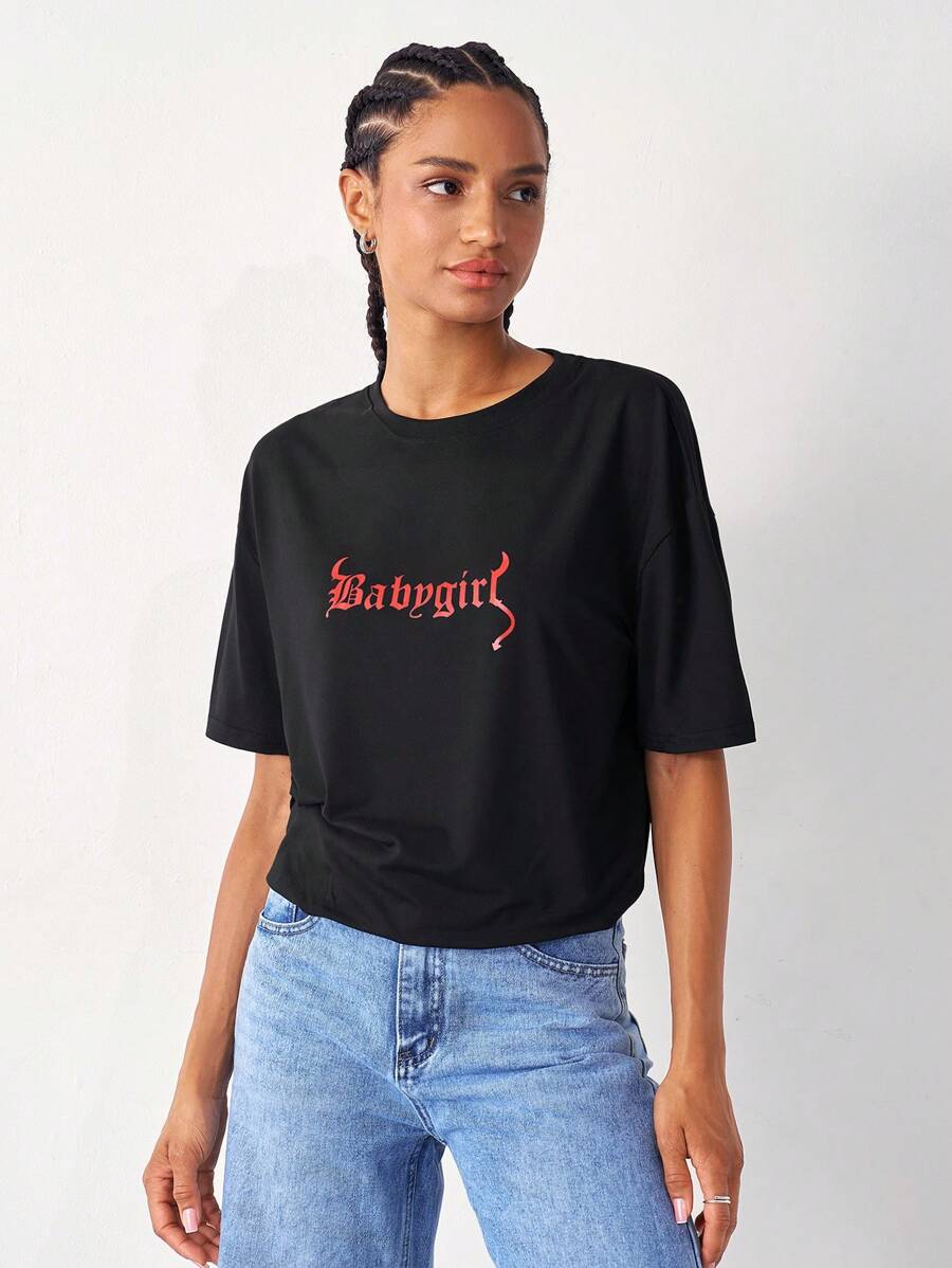 SHEIN Unity Áo thun Lá thư Giải trí - màu đen - Xem 1