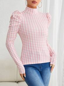 SHEIN Privé Houndstooth Print Gigot Sleeve Tee - Pink - View 4