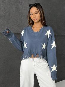 SHEIN Coolane Hình sao Đau khổ Thả vai Áo len - Màu xanh lam - Xem 4