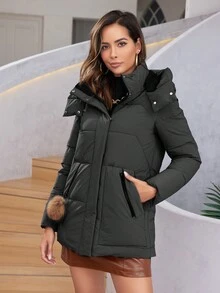 HaiLuoZi Slant Pocket Zip Up Hooded Padded Coat - Black - View 5