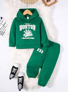 SHEIN Young Boy Letter Graphic Hoodie & Sweatpants - Green - View 1