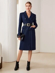BizChic 西裝領雙排釦花呢外套不附腰帶 - 寶藍色 - 查看 3