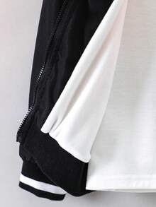 SHEIN 女小童人像圖案條紋飾邊飛行員夾克不帶T恤 - 黑色 - 查看 4