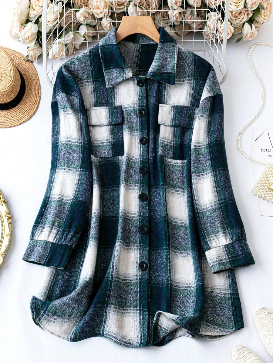 SHEIN LUNE Plus Plaid Print Drop Shoulder Flap Pocket Coat - Blue - View 1