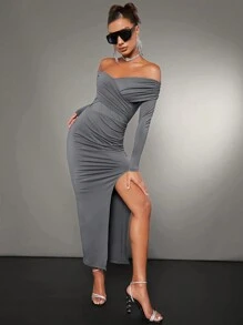 SHEIN BAE 一字肩褶邊高衩緊身洋裝 - 灰色 - 查看 3