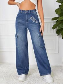 SHEIN ICON Chinese Dragon Graphic Flap Pocket Side Cargo Jeans - Medium Wash - View 1