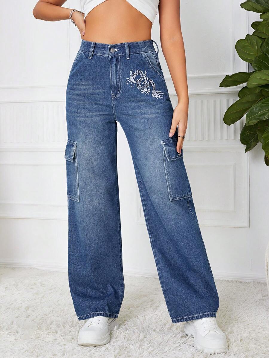SHEIN ICON Chinese Dragon Graphic Flap Pocket Side Cargo Jeans - Medium Wash - View 1