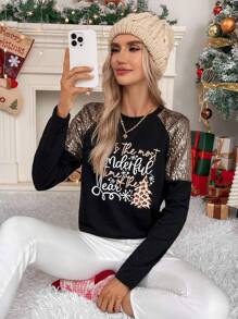 SHEIN LUNE In Giáng sinh Tay Raglan Áo thun - màu đen - Xem 1