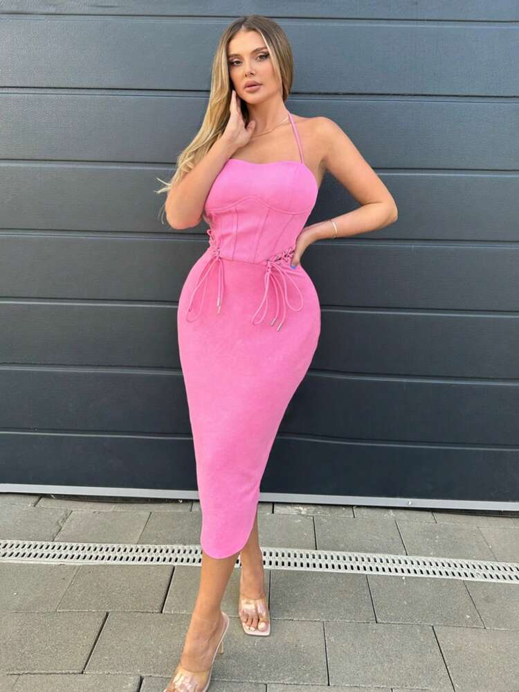 Lace Up Front Halter Neck Backless Dress