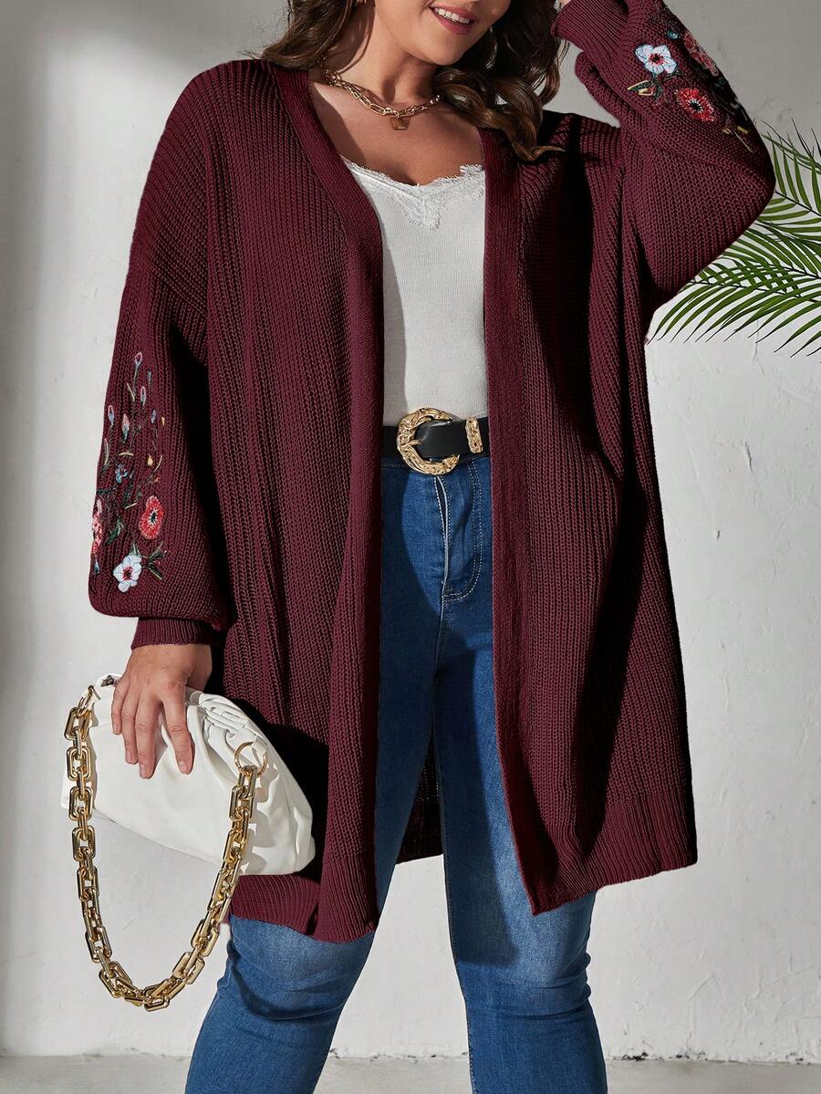 SHEIN CURVE+ 大碼花卉刺繡落肩袖開襟開衫 - 酒紅色 - 查看 1