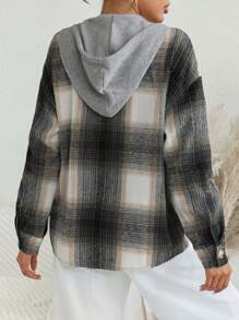 SHEIN Essnce 格紋印花落肩袖抽繩連帽外套 - 黑與白 - 查看 2