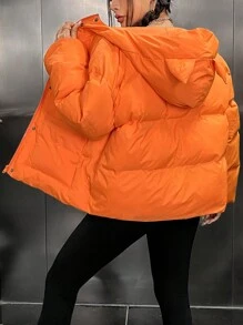 SHEIN EZwear Drop Shoulder Zipper Hooded Padded Coat With Cat Ear Design - Orange - View 3