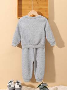 SHEIN Baby Boy Dinosaur Print Thermal Lined Sweatshirt & Sweatpants - Light Grey - View 2