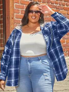 SHEIN CURVE+ 大碼格紋印花落肩袖抽繩連帽襯衫 - 藏蓝色 - 查看 2