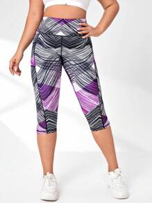 SHEIN Rhythm Era Plus Striped Print Wide Waistband Sports Leggings - Purple - View 4