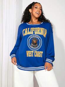 SHEIN CURVE+ 大碼字母圖案落肩袖運動衫 - 寶藍色 - 查看 5