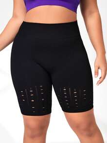 SHEIN Yoga Basic 大碼鏤空寬腰帶運動短褲 - 黑色 - 查看 4