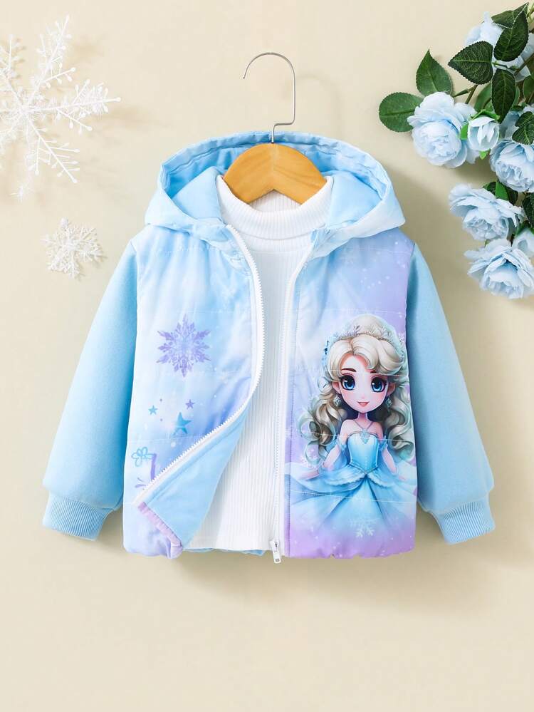 Baby Girl Figure Print Zip Up Hooded Padded Coat Without Tee