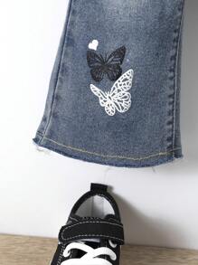 Baby Girl Butterfly Print Ripped Flare Leg Jeans - Medium Wash - View 8