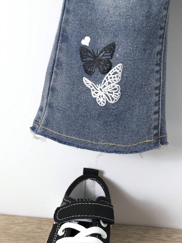 Baby Girl Butterfly Print Ripped Flare Leg Jeans