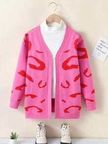SHEIN Tween Girl 1pc Graphic Pattern Duster Cardigan - Hot Pink - View 1