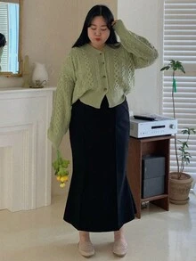 Dazy Petite Plus Cable Knit Drop Shoulder Cardigan - Green - View 3