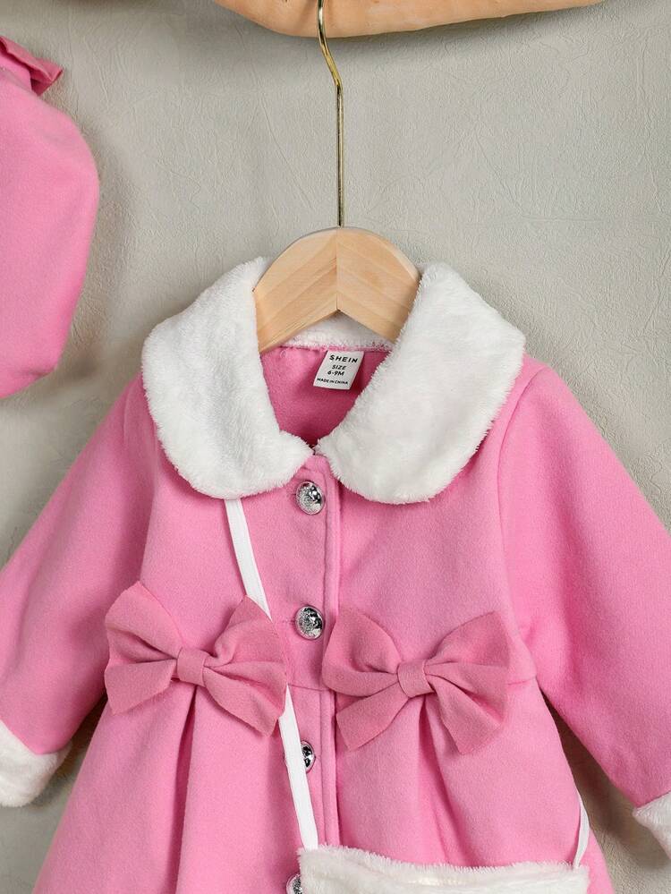 Baby Girl Borg Collar Bow Front Overcoat & Hat