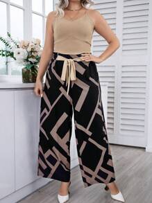 Calvaya Plus Solid Cami Top & Geo Print Tie Front Wide Leg Pants