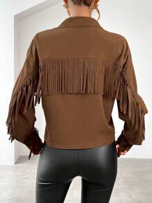 SHEIN Privé 翻蓋口袋流蘇邊落肩袖夾克 - 棕色 - 查看 2