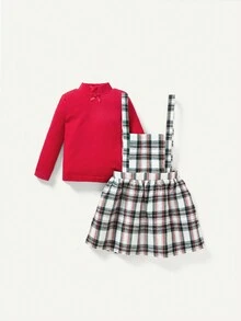 女嬰小高領T恤&格紋印花背帶洋裝適用於聖誕 - 粉色 - 查看 3