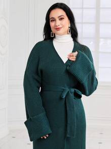 Modelyn 大碼流蘇下擺腰帶開襟衫不帶上衣 - 墨綠色 - 查看 5