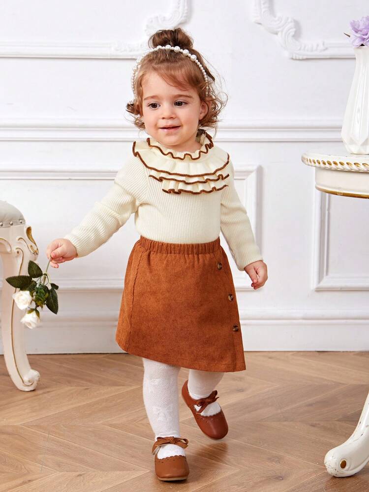 Baby Girl Contrast Binding Ruffle Trim Ribbed Knit Sweater